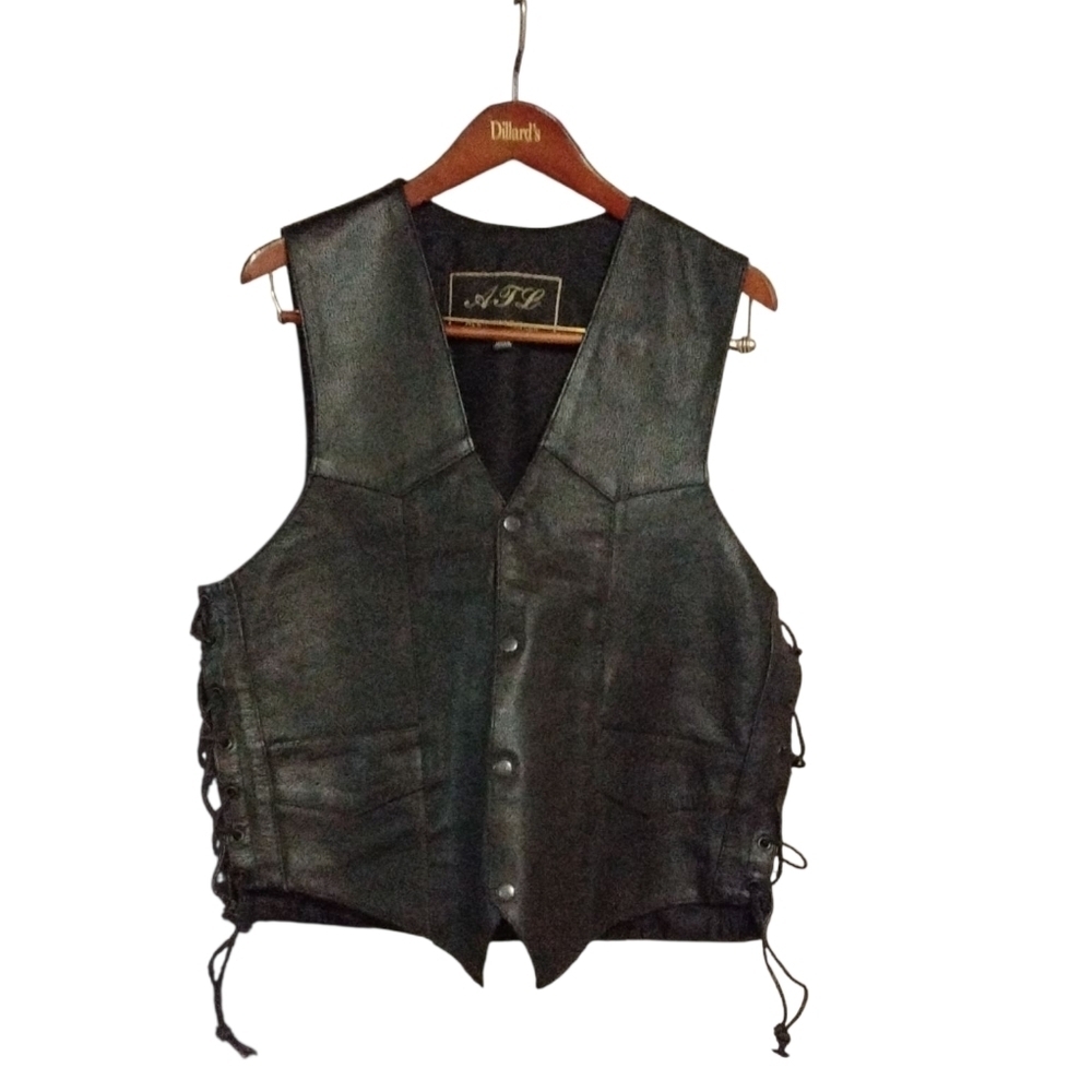 Men's Vintage Black Leather Vest Snap Drawstring Motorcycle Vest Size 64 XXL
